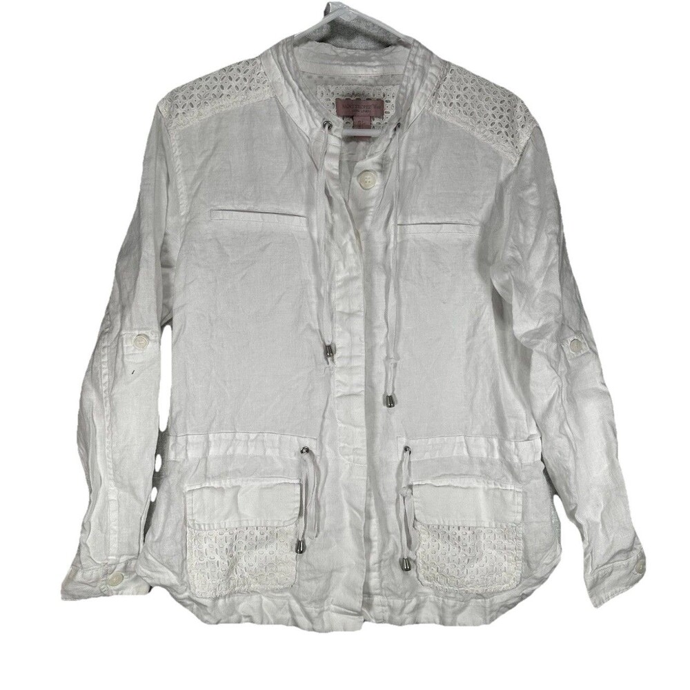 Saint Tropez White Linen Blouse Women's Size Small Eyelet Detail Roll Tab Sleeve